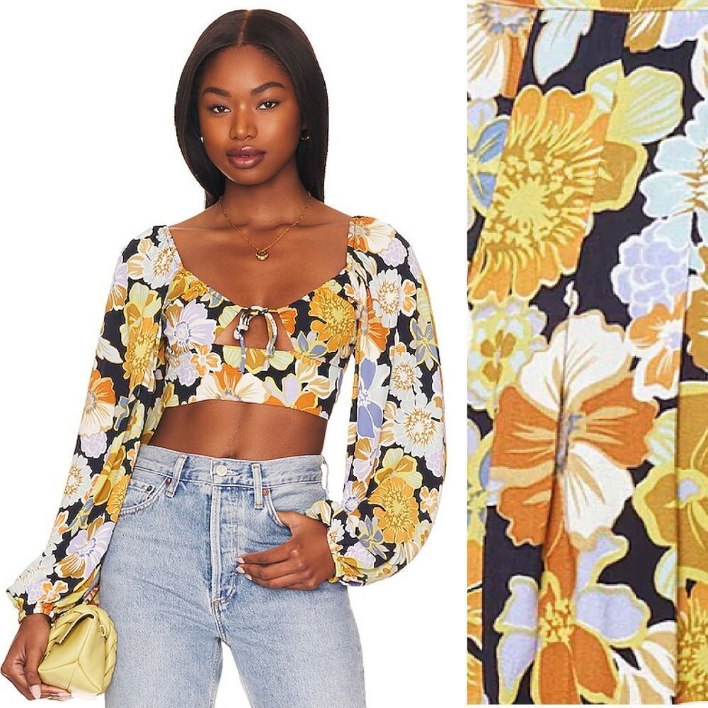 L Space Daphne Sugar And Spice Floral Long Sleeve Crop Top NWT Medium
